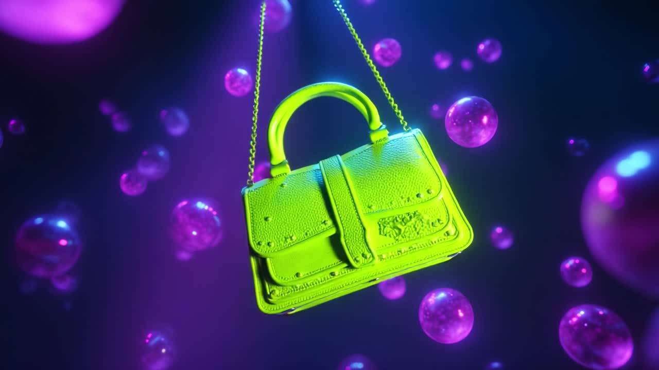 A Stunning Neon Green Handbag Suspended Amidst Floating Purple Bubbles, Capturing the Essence of Modern Fashion and Striking Visual Design in a Mesmerizing and Vibrant Scene
