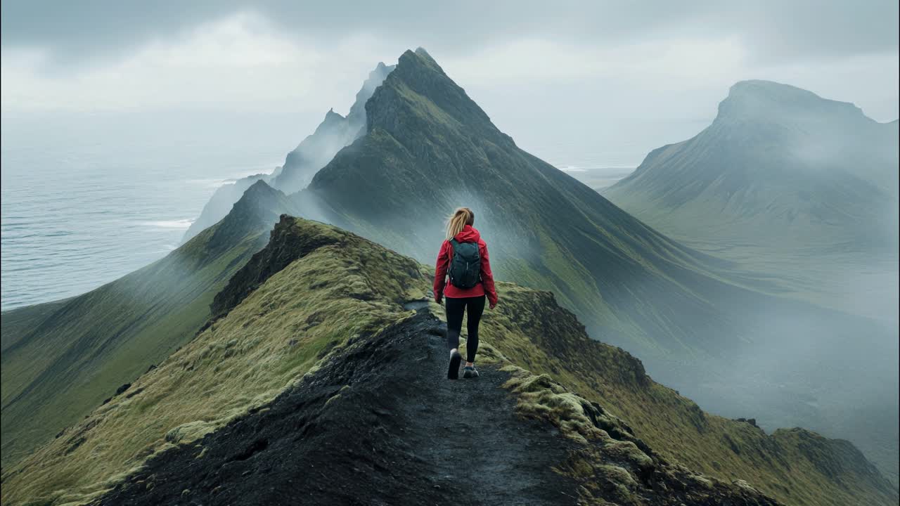 Aerial video shot of a hiker in a red jacket walking along a misty mountain ridge, capturing a sense