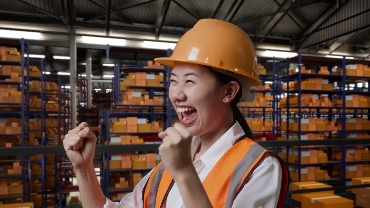 안전 헬을 입은 아시아 여성 엔지니어의 가까운 측면 뷰, 서서 비명을 지르는 목표, 배달 상품으로 가득 찬 선반으로 창고에서 일을 축하하는