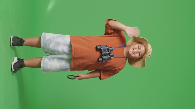 Asian Tourist Boy With Hat And Binoculars Using Magnifying Glass, Smiling And Waving Hand While Standing On The Green Screen Background. Boy Researcher Examines Something, Travel Adventure, Full Body