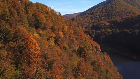 Forward-drone-shot-of-lake-Tarnita,-Romania,-surrounded-by-colorful-autumn-trees