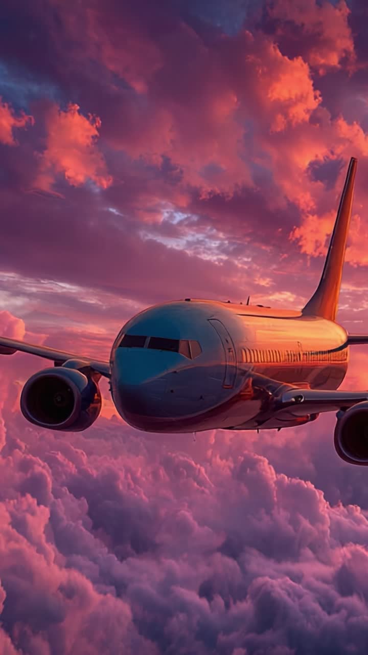 Volo maestoso: una vista mozzafiato di un aereo che plana attraverso nuvole al tramonto dai colori vivaci, che enfatizza la bellezza dei viaggi aerei e dello scenario naturale