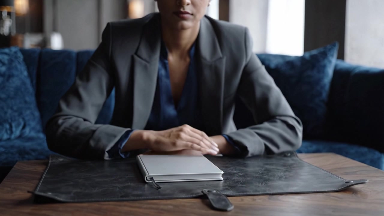 Eine Geschäftsperson arbeitet mit einem Notizbuch in einem eleganten Ambiente, was Konzentration und Vorbereitung in einer stilvollen Arbeitsumgebung widerspiegelt.