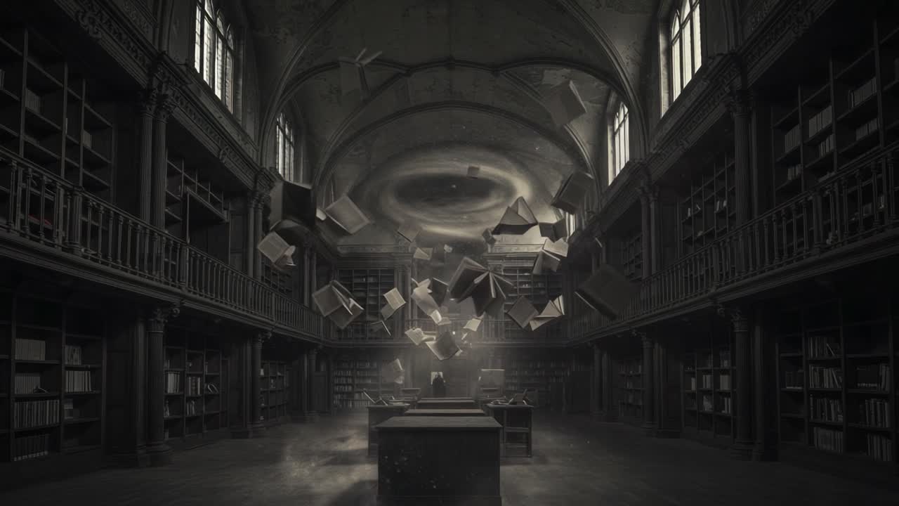 An Enigmatic Library Scene with Floating Books Capturing a Moment of Dynamic Motion and Mystical Atmosphere in a Grand Architectural Space