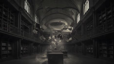 an enigmatic library scene with floating books capturing a moment of dynamic motion and mystical atmosphere in a grand architectural space