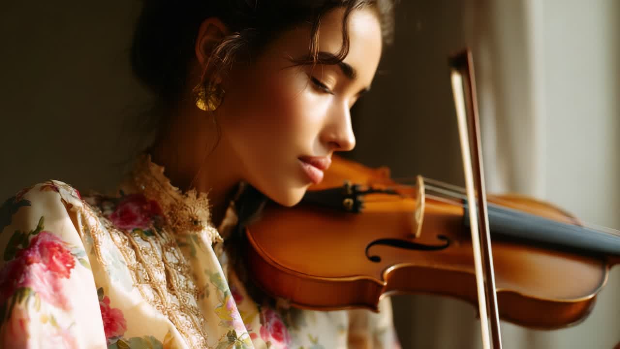 A Captivating Moment: A Young Woman with Floral Accents Plays the Violin Elegantly, Lost in the Melodic Notes, Creating an Atmosphere of Art and Serenity in a Gentle Light