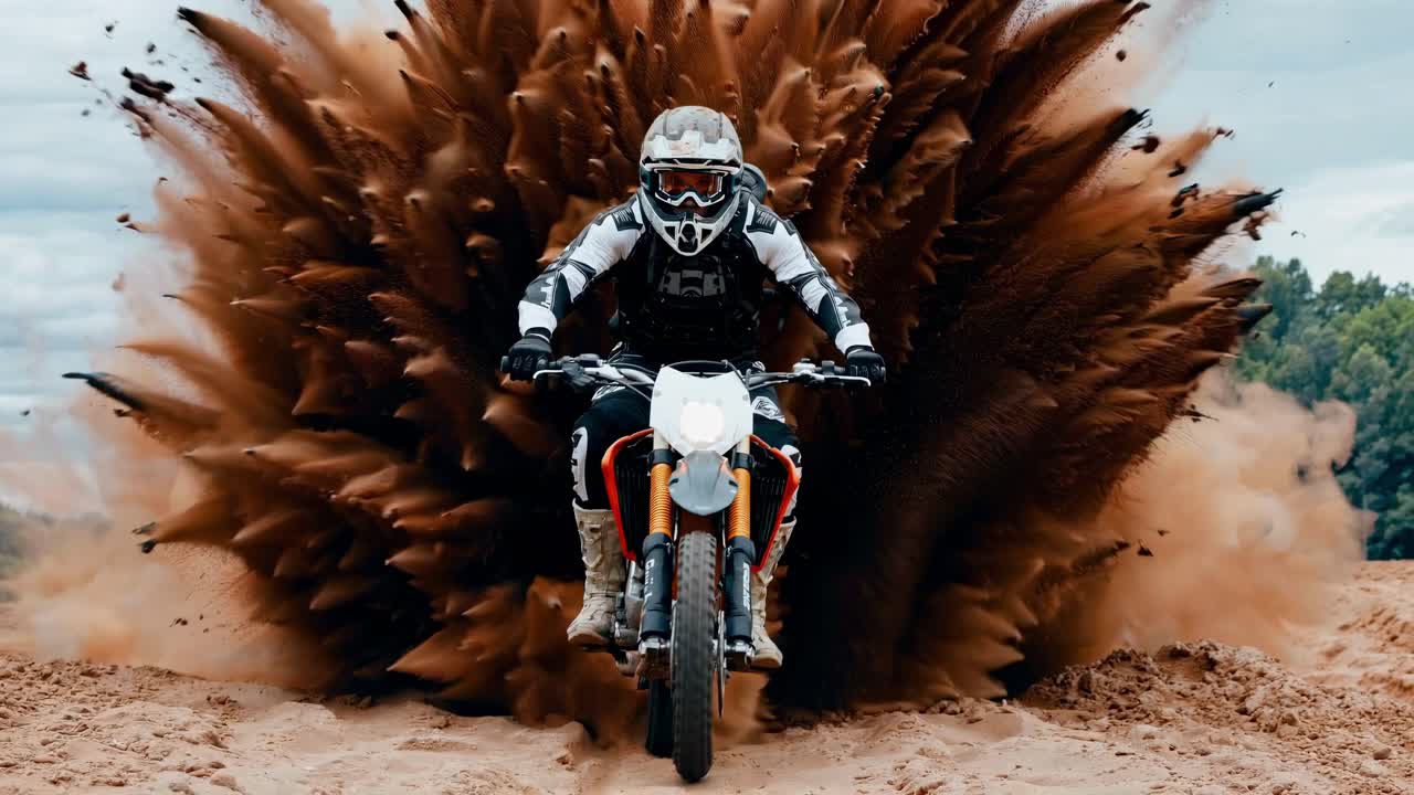 Dynamic low-angle video shot of a motorcycle speeding through sand, creating a dramatic cloud