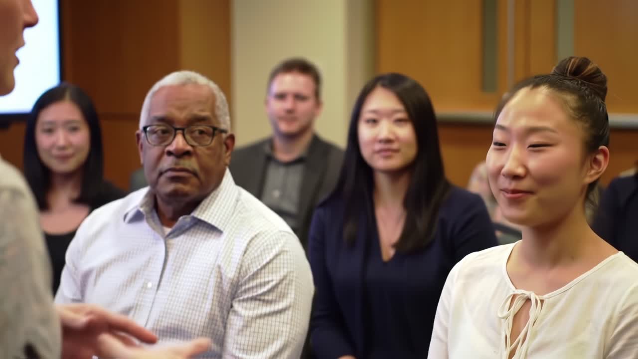 A Diverse Group Engaged in a Learning Experience, Capturing Expressions of Interest, Curiosity, and Connection in a Professional Setting