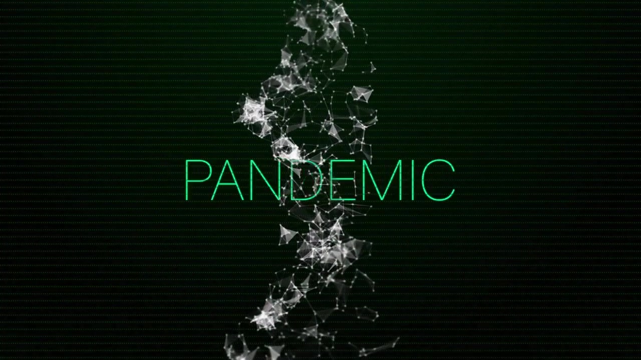 Yeşil statik süpürme, PANDEMIC başlığını başlatıyor, atan ağ parlıyor ve başlık kartını oluşturuyor.