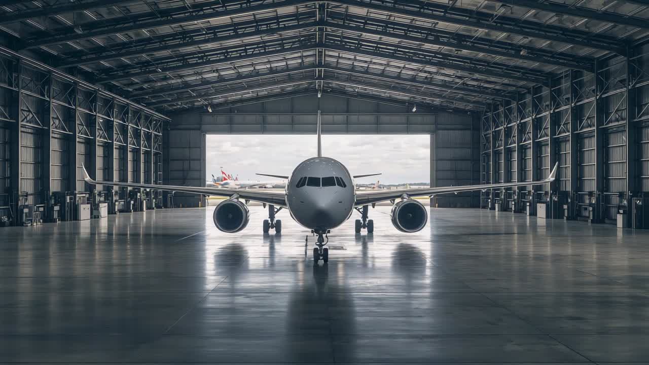 Motori accesi, jet a fusoliera stretta che si muove in avanti al centro dell'hangar per manutenzione, riflesso sul pavimento