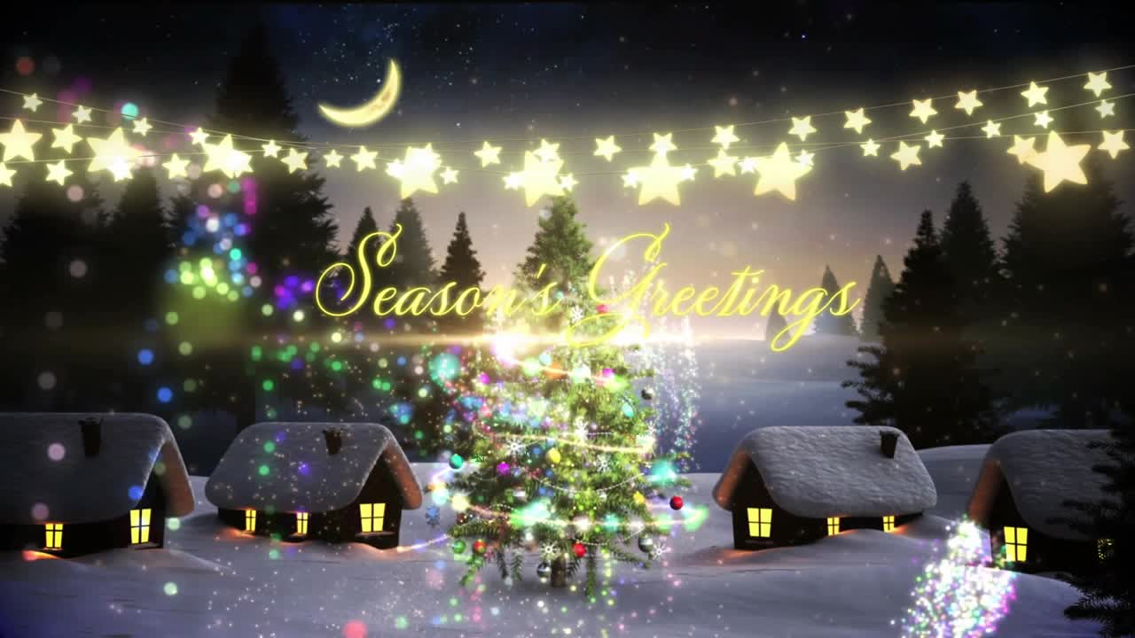 Season's Greetings text fading in behind tree sprouting and decorating for holiday celebration