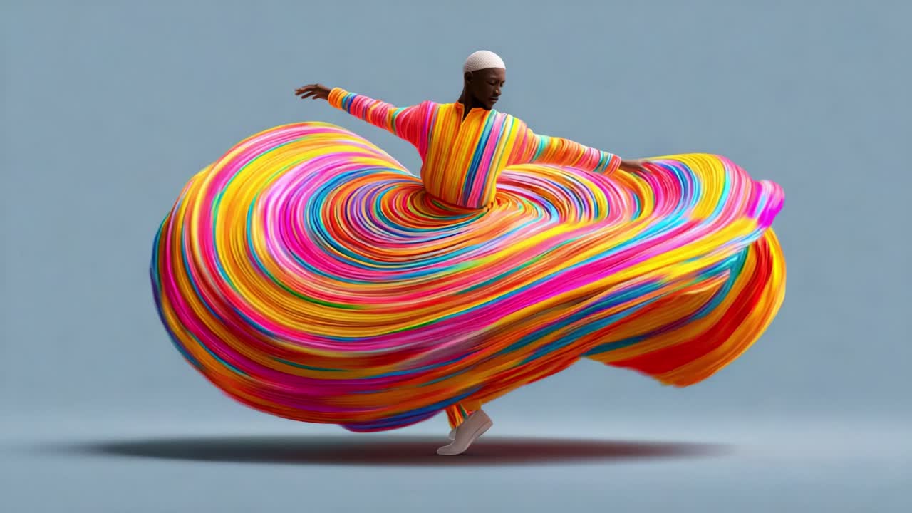 A Dazzling Display of Movement and Color: A Performer Twirling in Vibrant, Spiraling Garments Creates a Mesmerizing Visual Symphony of Artistic Expression and Elegance