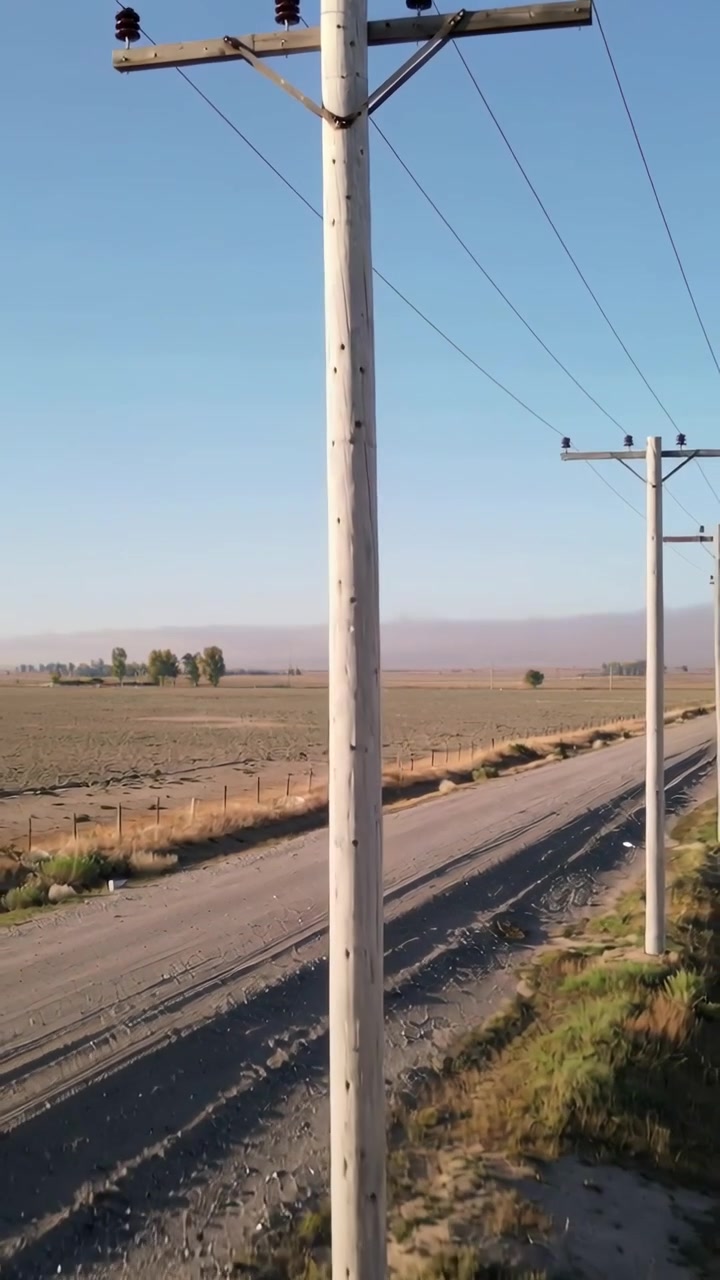 Video vertical: Cámara alejándose revelando un poste de madera de servicios públicos en un camino de tierra rural, con aisladores
