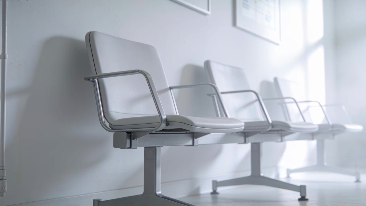 Sliding camera panning row of four white chairs in lobby, with sunlight rising, accenting left seat