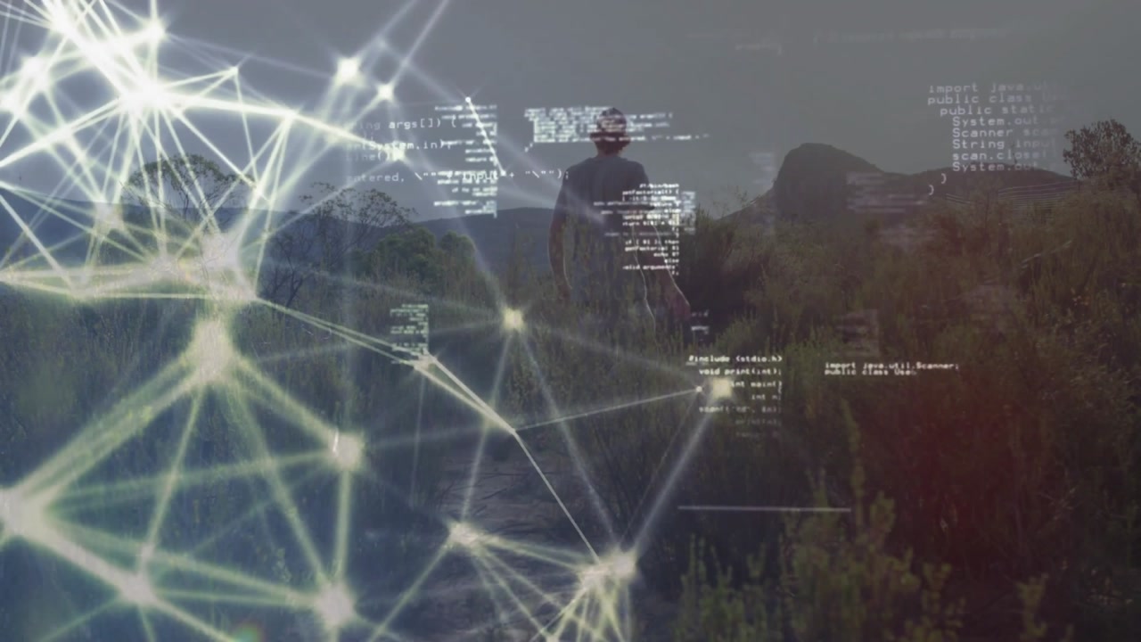 Man walking along dirt trail with code overlay and glowing mesh illustrating technology