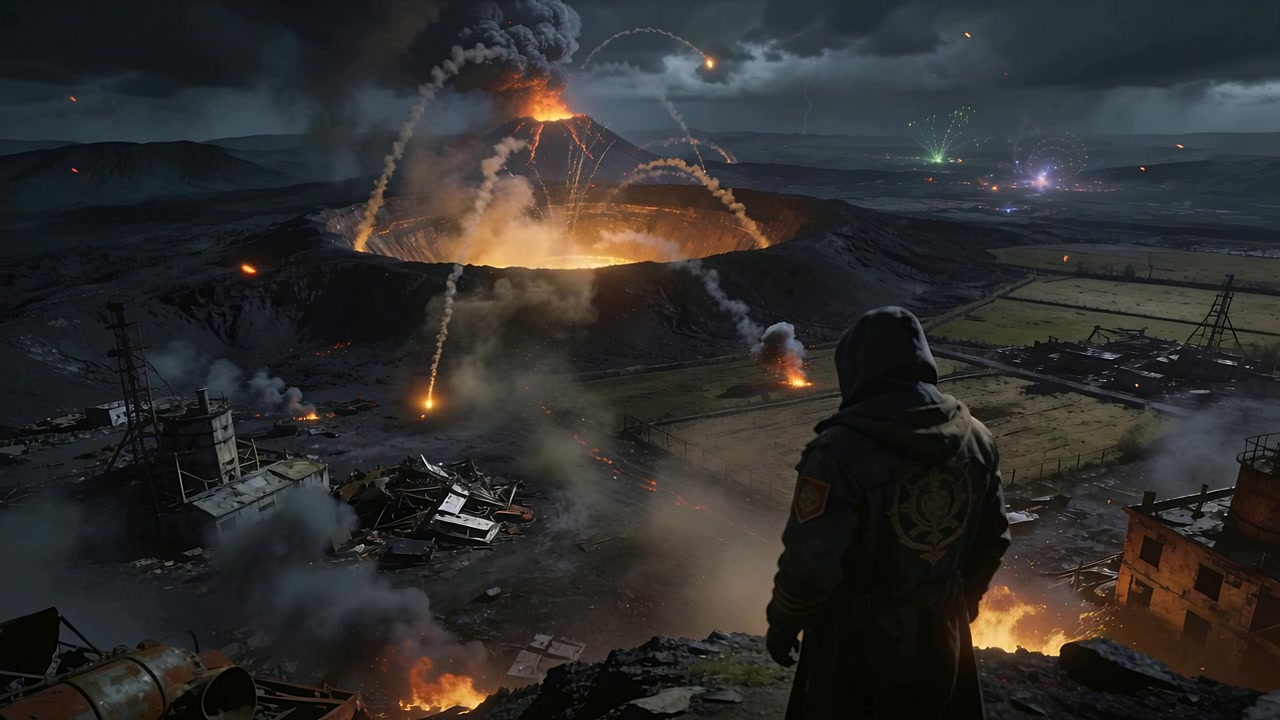 Veduta di uno scout incappucciato con emblema su una cresta che monitora un cratere in eruzione che lancia bombe di lava, con spazio per il testo.