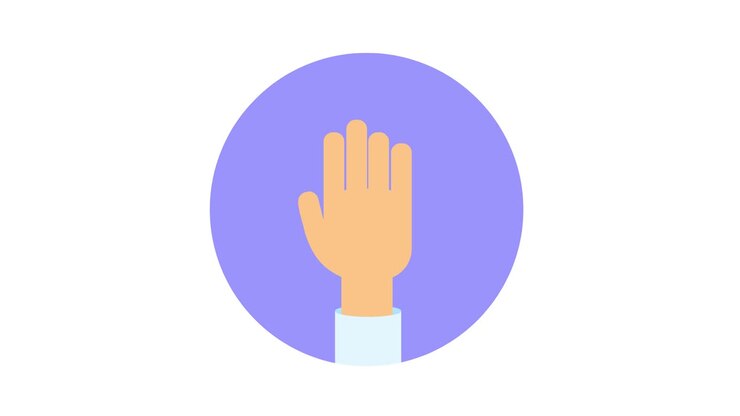 Set di gesti delle mani nel cerchio. Saluto, stretta di mano, segno di vittoria. Animazione flat. Isolato.