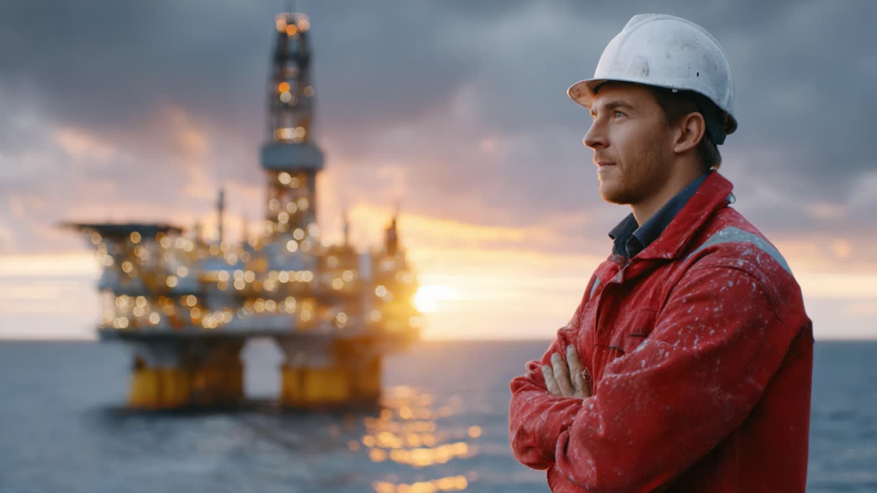 En målrettet arbejder overser en offshore olieplatform ved solnedgang og fanger essensen af arbejde og industri i baggrunden midt i den strålende himmel
