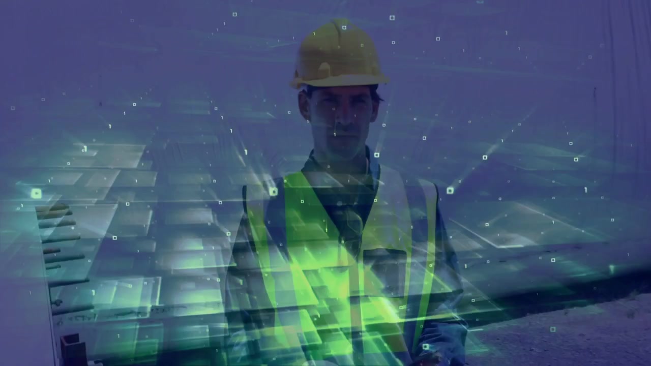 Male tech yellow hard hat, hi-vis vest using tablet inspecting blade at wind site with AR-overlay