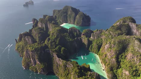 Koh Phi Phi Lee, Thailand. Aerial panoramic of famous island, Maya Bay beach and Phi Leh Bay.