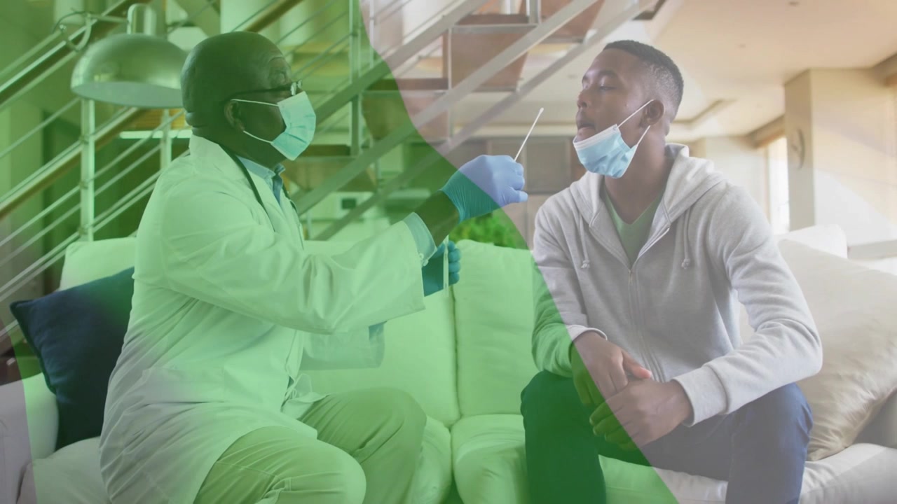 Doctor prepping swab and starting nasal test while patient tilting head back, green overlay passing