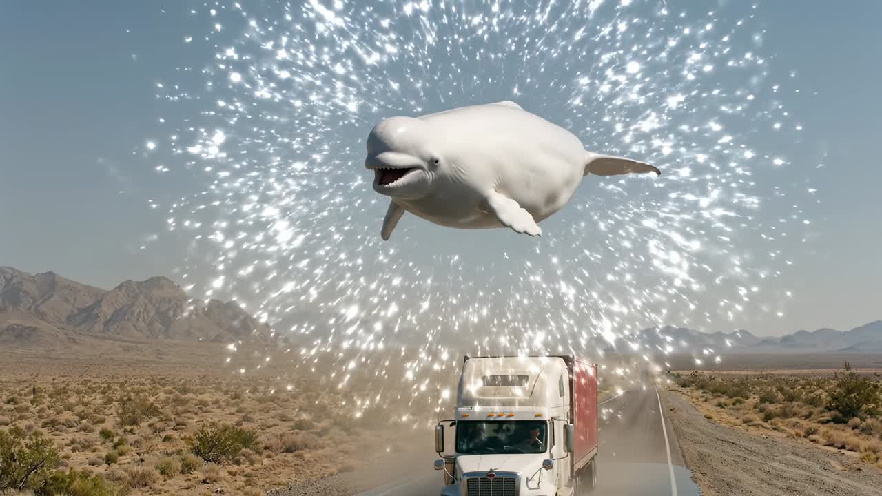 Balena beluga che emerge dall'acqua su una strada nel deserto sopra un camion