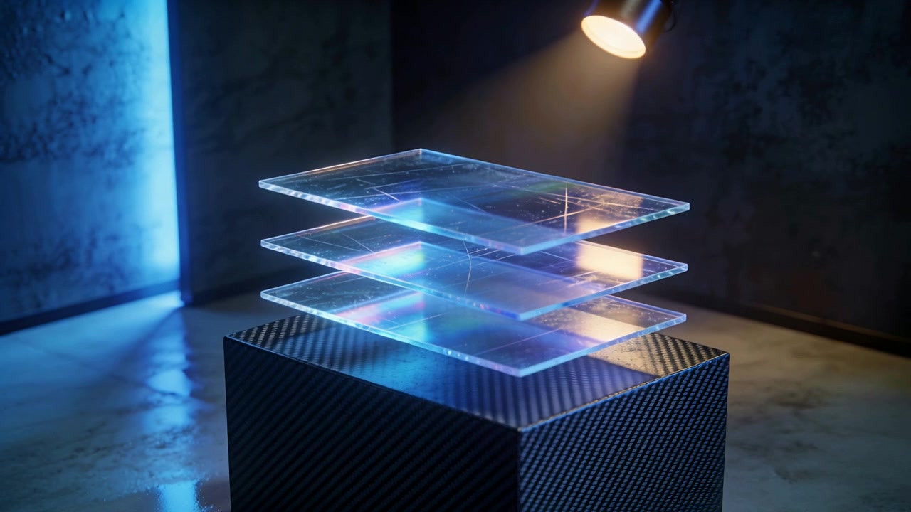 Hovering stacked clear panes swaying above studio pedestal, shifting warm lamp making light streaks