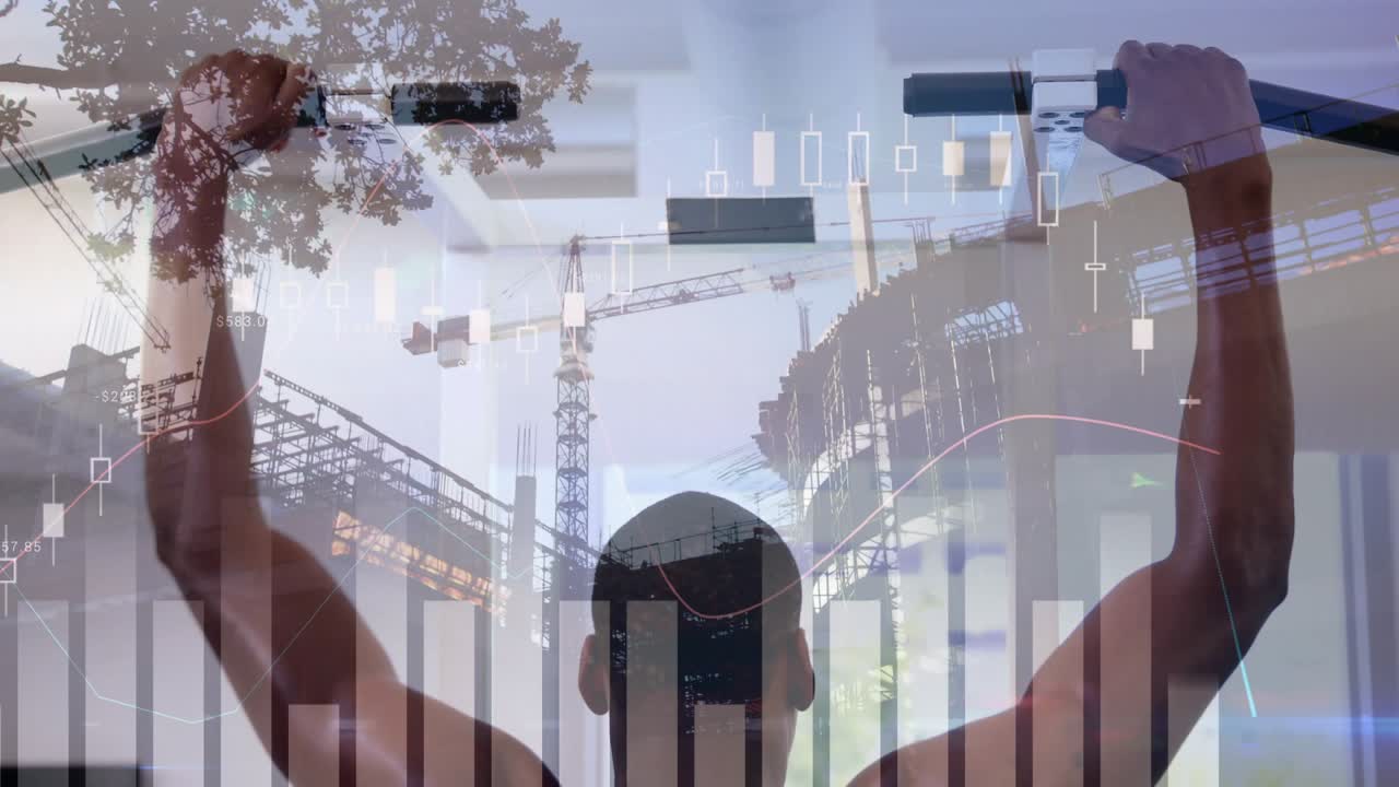 Man gripping bar, pulling down, building strength, overlaying construction crane and finance charts