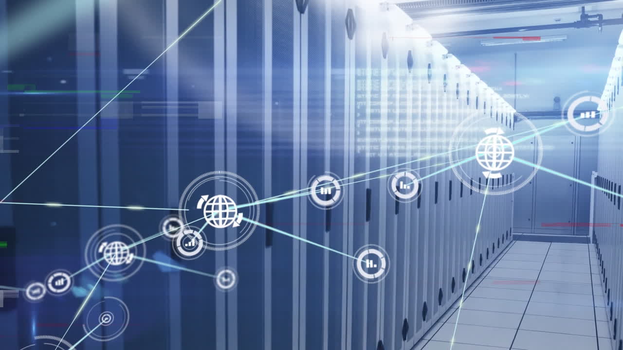 Animation of data processing and media icons over server room