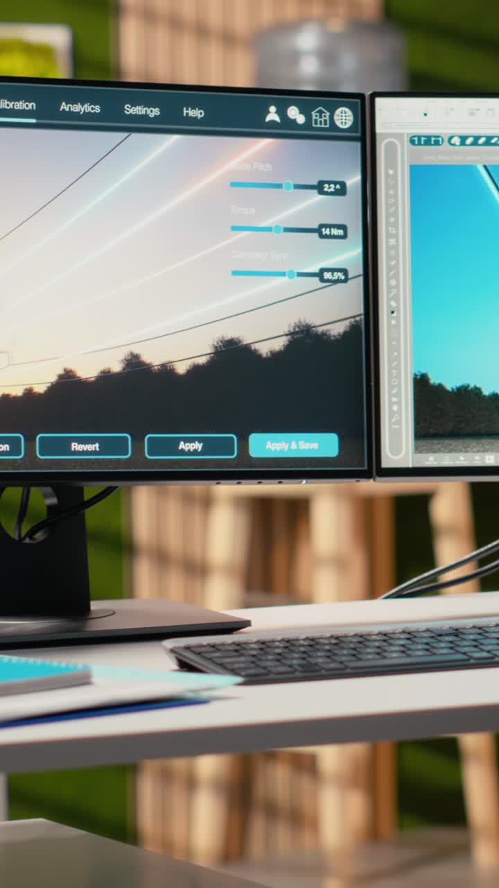 Power line tower CAD design displayed on dual monitors in engineering office