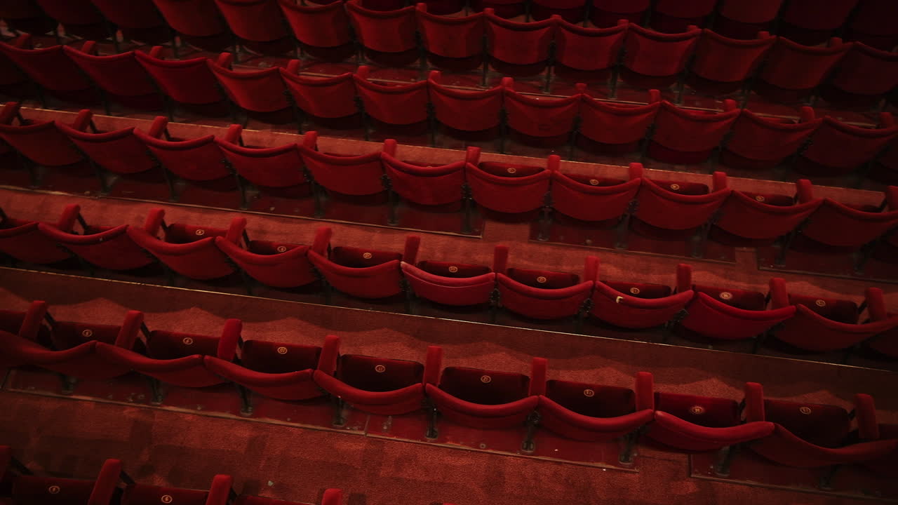 Empty theater opera house seats seen from above during Coronavirus, closed business concept affecting the arts and theatre due to Covid