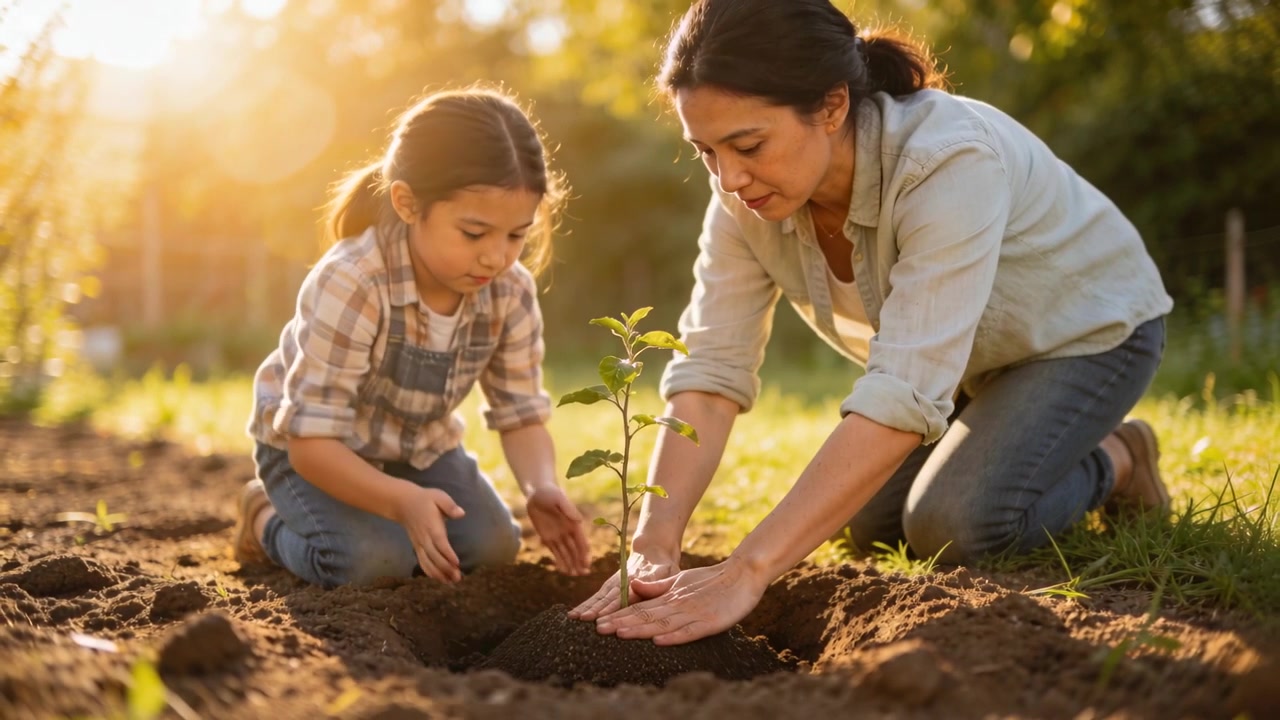 Placing seedling, mom guiding daughter planting in yard, teaching in rolled sleeves and plaid