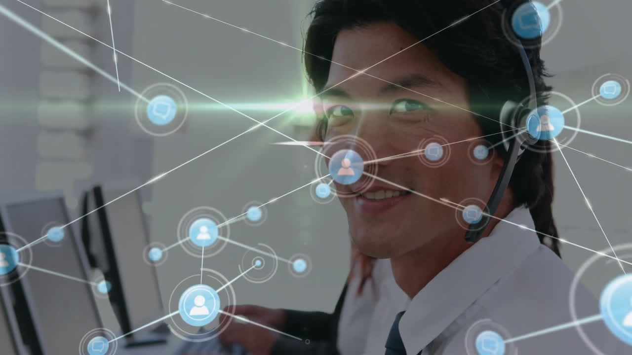 사무실에서 전화 헤드을 사용하여 다양한 동료를 통해 연결 네트워크의 애니메이션