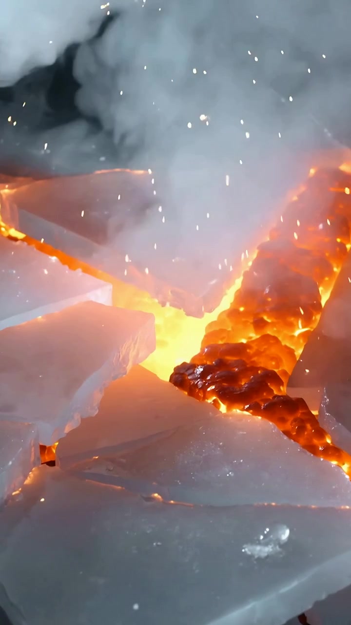 Video verticale: Lastre traslucide scintillanti che rilasciano vapore su un tavolo, da una fessura arancione incandescente