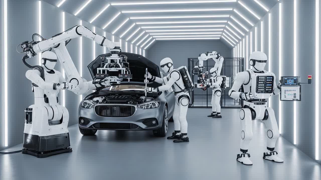 Futuristic Robotic Automotive Assembly Line Featuring Multiple Robots and Advanced Technology in a Sleek, Modern Environment