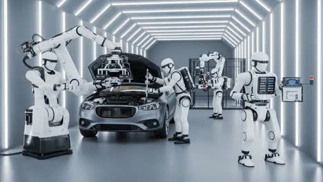 futuristic robotic automotive assembly line featuring multiple robots and advanced technology in a sleek, modern environment