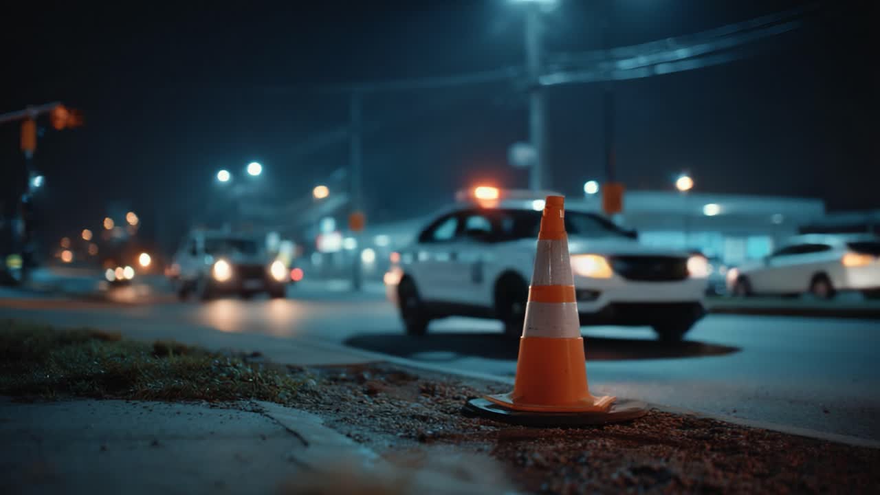 Nighttime Road Scene Featuring Traffic Cone with Blurred Vehicles and Streetlights, Highlighting Urban Environment and Safety Measures