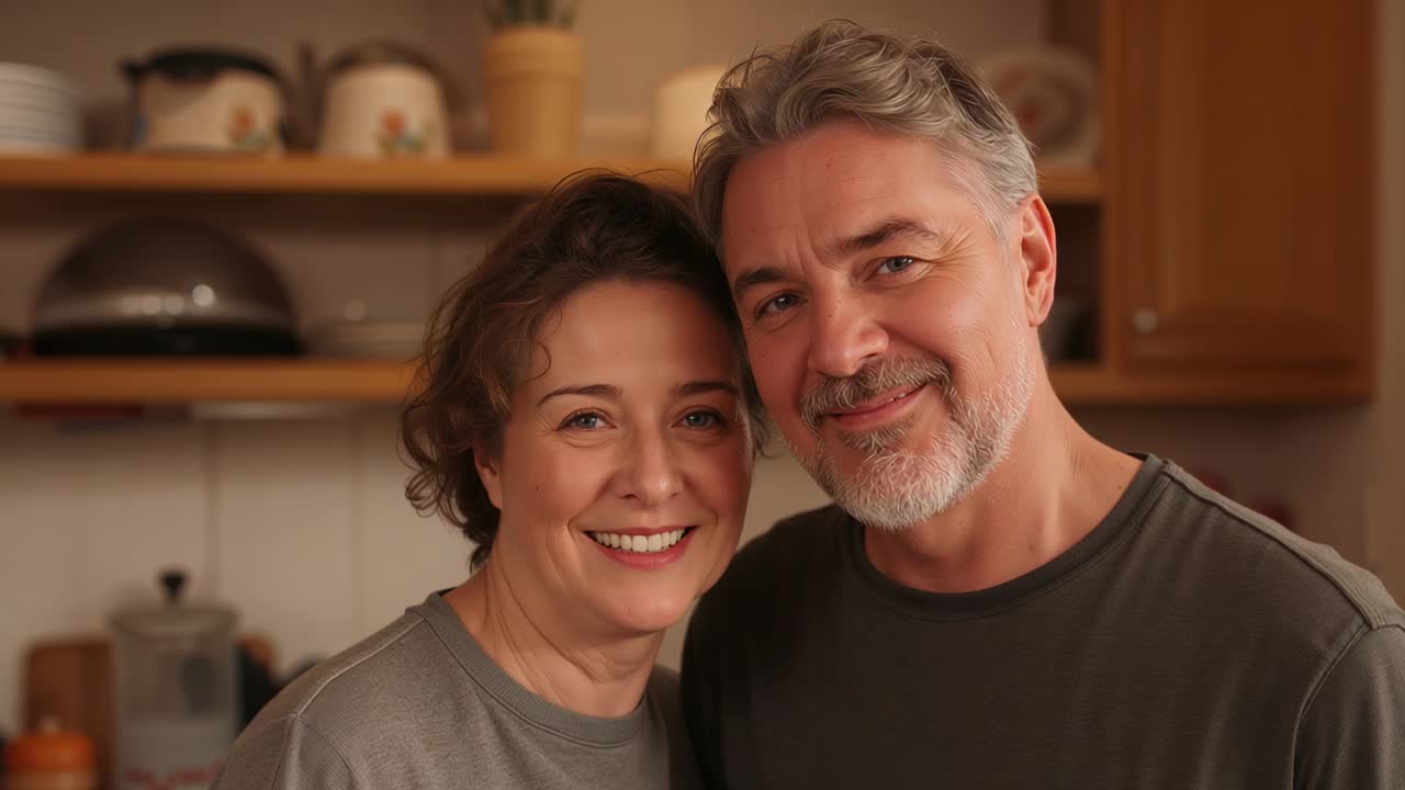 Casal sorridente de meia-idade com blusas casuais, inclinados, compartilhando carinho na cozinha com redoma de bolo.