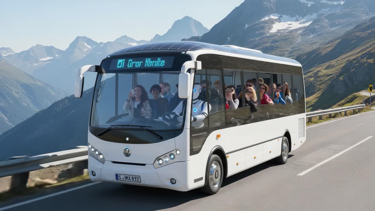 A Scenic Journey with Passengers on a Modern Bus Traveling Through Majestic Mountains and Lush Green Landscapes, Enjoying the Beautiful Day