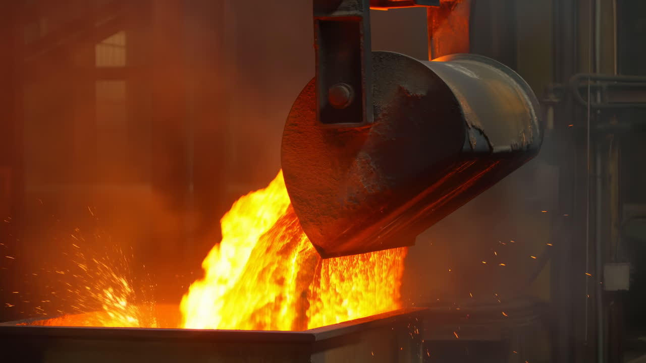 Metallo fuso che si riversa in uno stampo di fonderia, mestolo incandescente rilascia un flusso infuocato con scintille e bagliore arancione, pesante