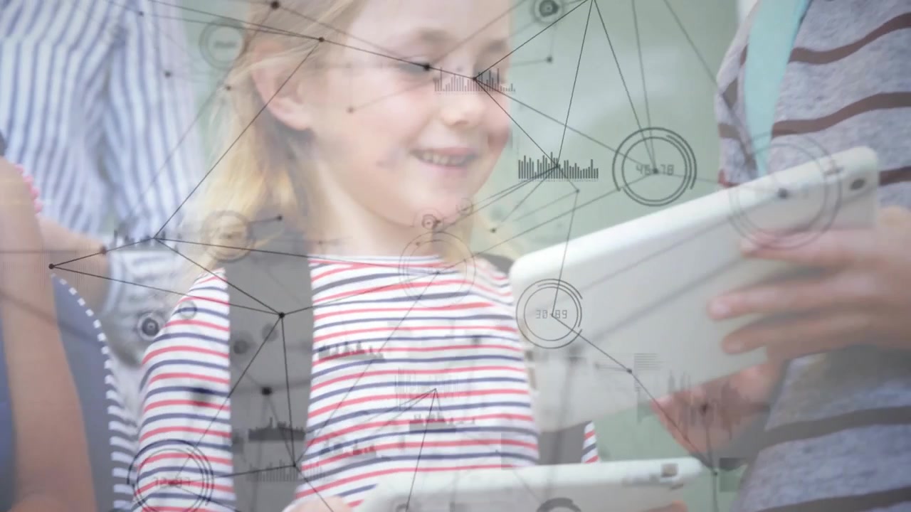 Striped girl tapping tablet to open learning app, peer pointing and animated nodes linking concepts