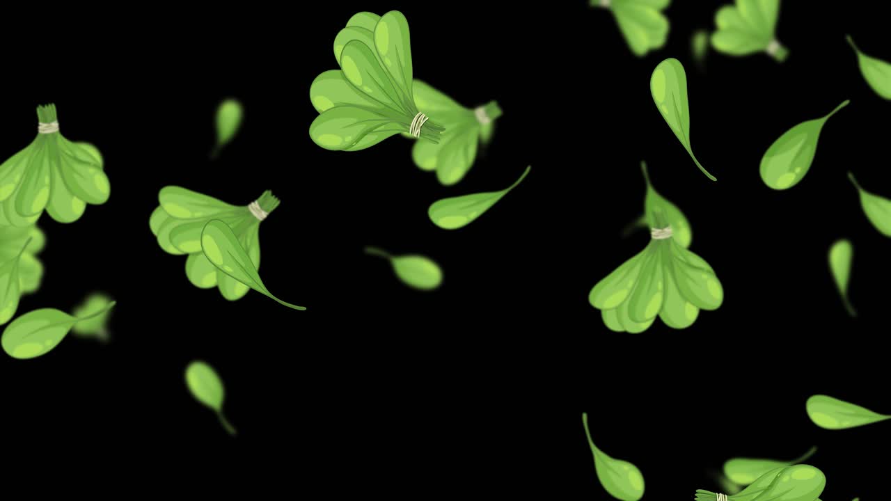 Foglie di cavolo riccio verde che cadono delicatamente su sfondo nero