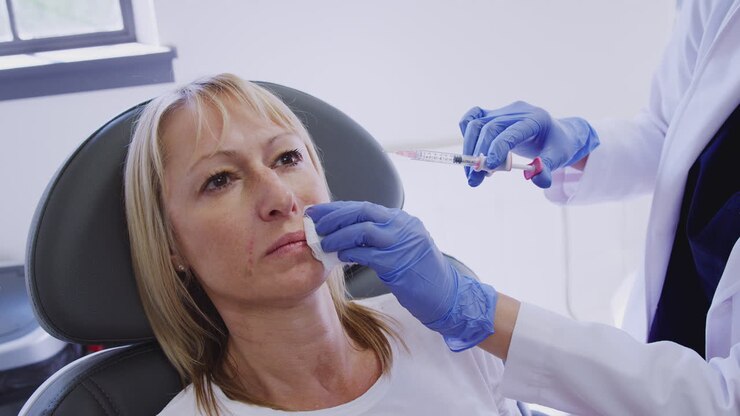 Donna matura che si siede sulla sedia che fa l'iniezione di Botox dal medico femminile