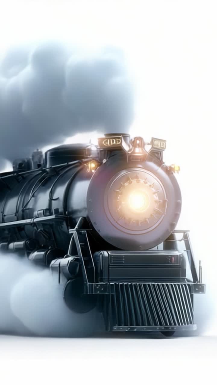 Dramatic Vintage Steam Train Emerging from Thick Smoke with Front Light Illuminating the Dark, Showcasing Majestic Power and Nostalgic Beauty of Classic Locomotion