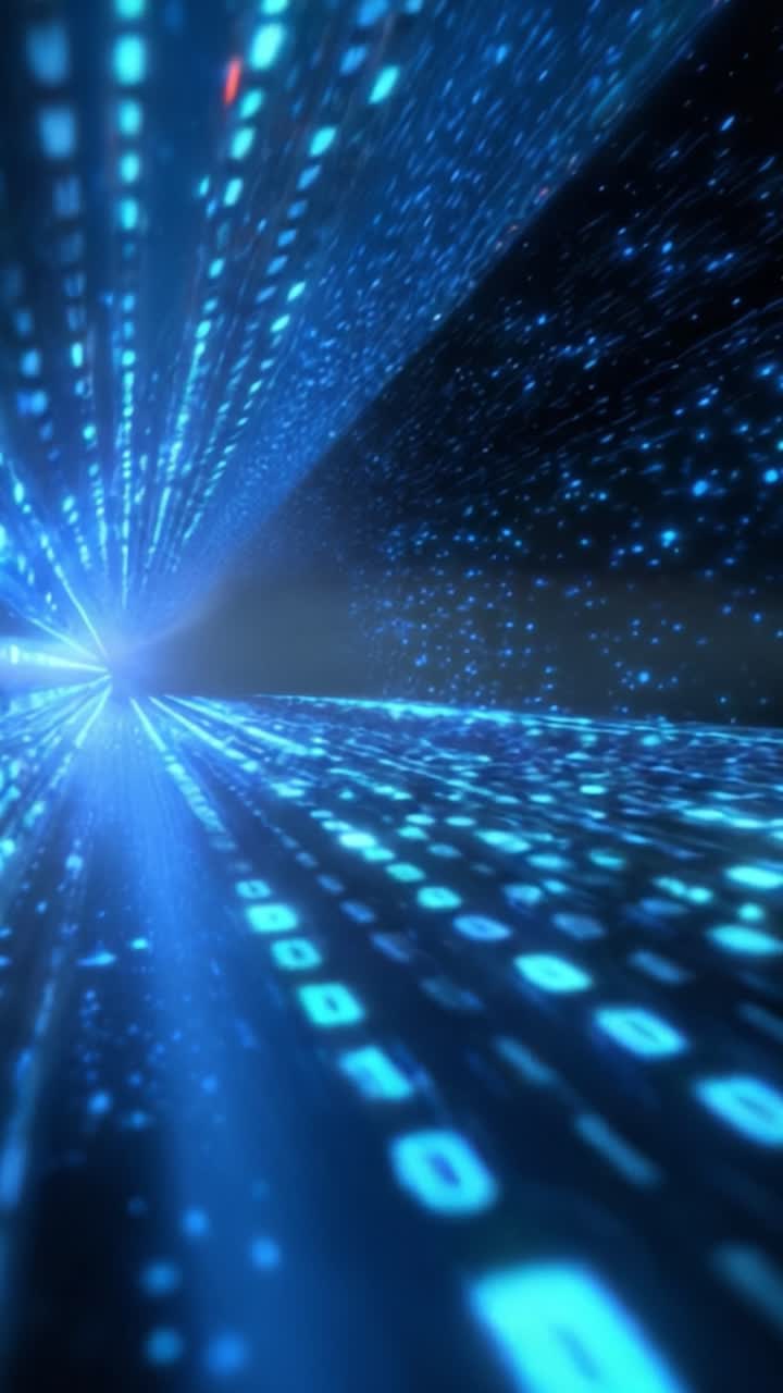 Transizione Dinamica della Matrice Digitale: Un Viaggio attraverso Codici Binari Illuminati in una Vasta Distesa Blu di Luce e Immagini Tecnologiche