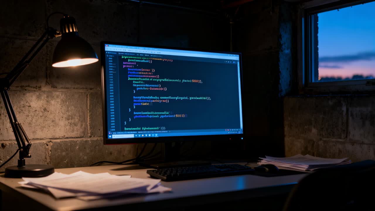Skærm viser reaktion på markørbevægelse, kodeeditor opdaterer valg i kælder, med lampe.