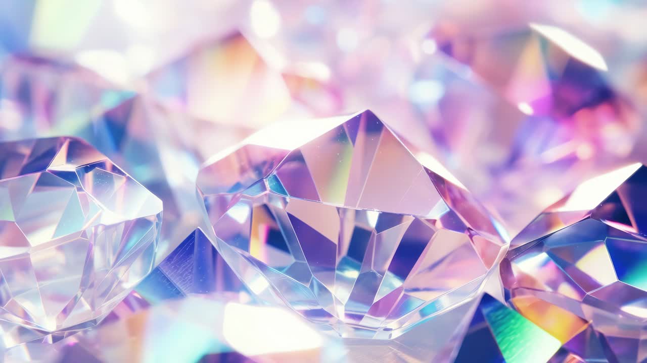 Close-up video shot of sparkling diamonds with a prismatic effect, capturing vibrant colors