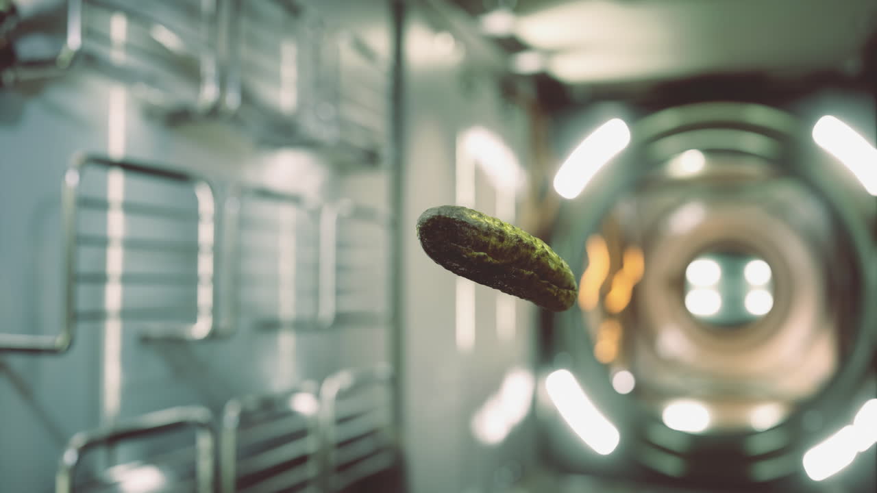 Floating cucumber inside a futuristic space station corridor