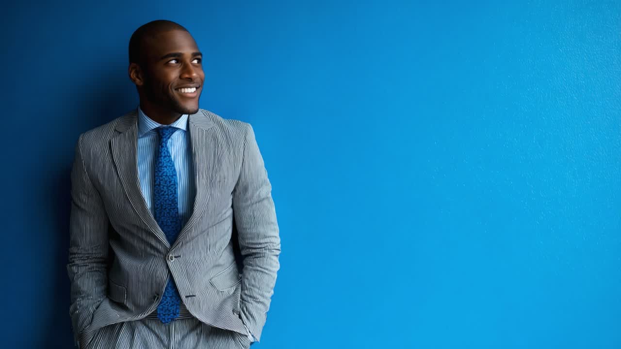 Un uomo sicuro di sé in un abito elegante sorride su uno sfondo blu vibrante: cattura eleganza e fascino in un contesto professionale.