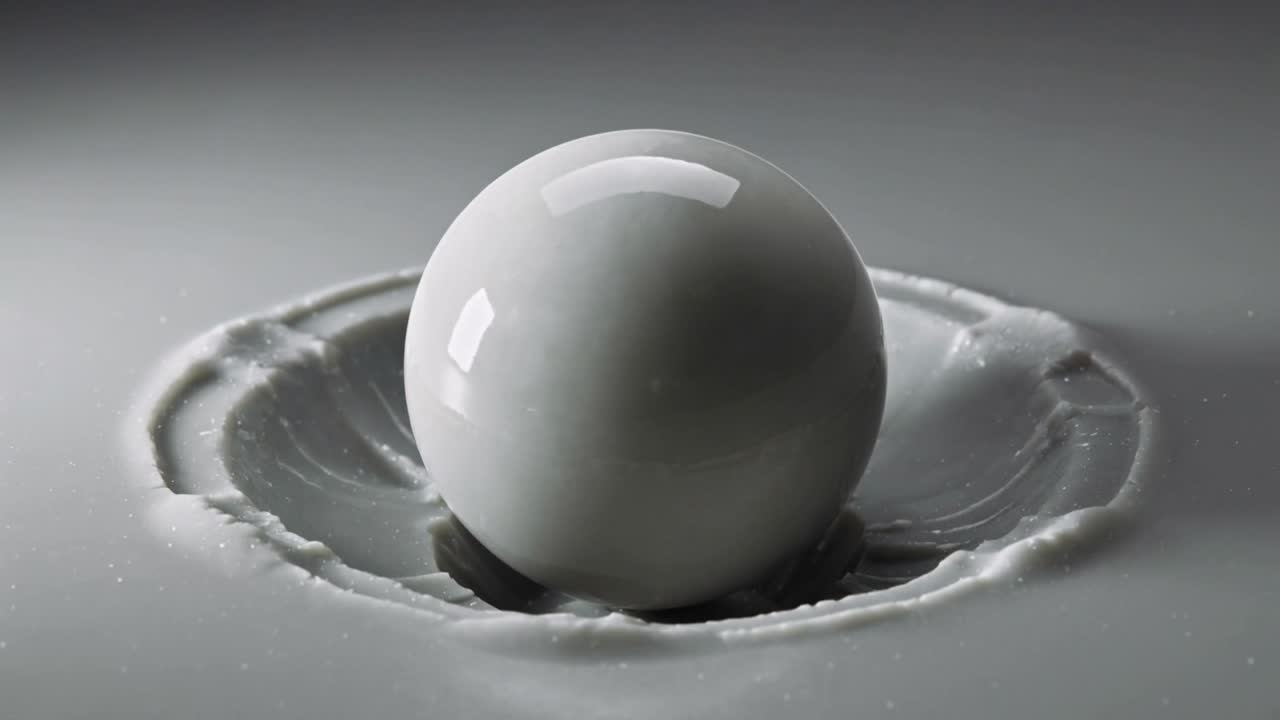 Rotating glossy sphere reflecting studio lights on gray pool, fluid damping ripples from impact